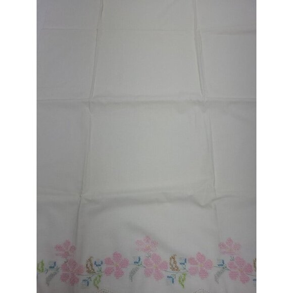Vintage Handmade Cross Stitch Pillowcase Standard Sz Floral Scalloped Lace Edge - Picture 3 of 6